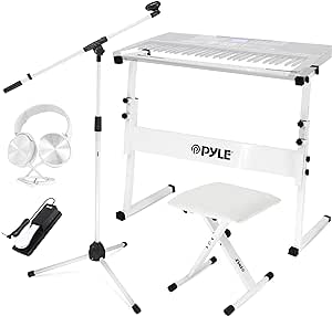 Heavy-Duty Electric Keyboard Accessories, E Piano Equipment Pack Includes Height Adjustable Z Shape Keyboard Stand, Keyboard Stool, Microphone Stand, Headset, and Sustain Pedal, White