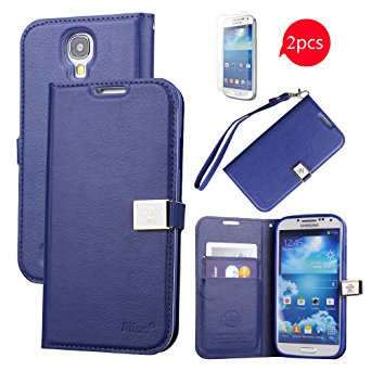 Galaxy S4 Case, By Ailun,Wallet Case,PU Leather Case,Credit Card Holder,Flip Cover Skin[Blue]with 2 FREE HD Screen Protectors