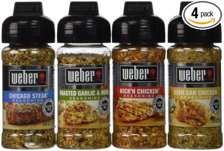 Weber Seasoning Variety 4 Flavor Pack 2.5 Oz - Kick'n Chicken - Roasted Garlic & Herbs - Chicago Steak - Gourmet Burger - All Natural Shake-on Bundle