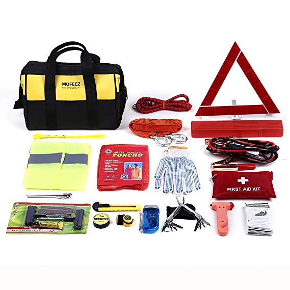 Mofeez Portable Roadside Assistance Auto Emergency Kit   First Aid Kit – Rugged Tool Bag - Contains Jumper Cables, tools, Reflective Safety Triangle and more.