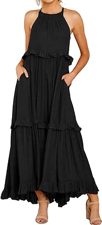 R.Vivimos Womens Summer Dress Cotton Sleeveless Halter Layered Ruffles Casual Boho Flowy Maxi Dress