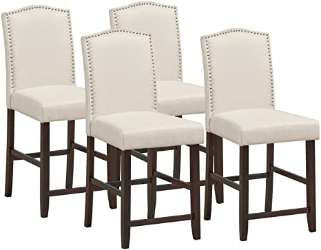 COSTWAY Bar Stools Set of 4, Upholstered Counter Height Bar Stools with S-Shaped Spring Thick Cushion, Rubber Wood Legs, High Back Leisure Chairs for Living, Kitchen, Dining Room (Beige, 4)