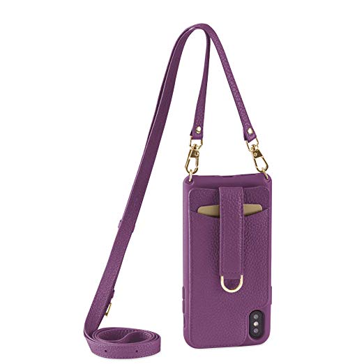 Vaultskin Victoria Crossbody iPhone Leather Wallet Case, Fashionable Bumper for Cards and Cash - Holds up to 8 Cards (iPhone X/Xs, Violet, Leather Strap)