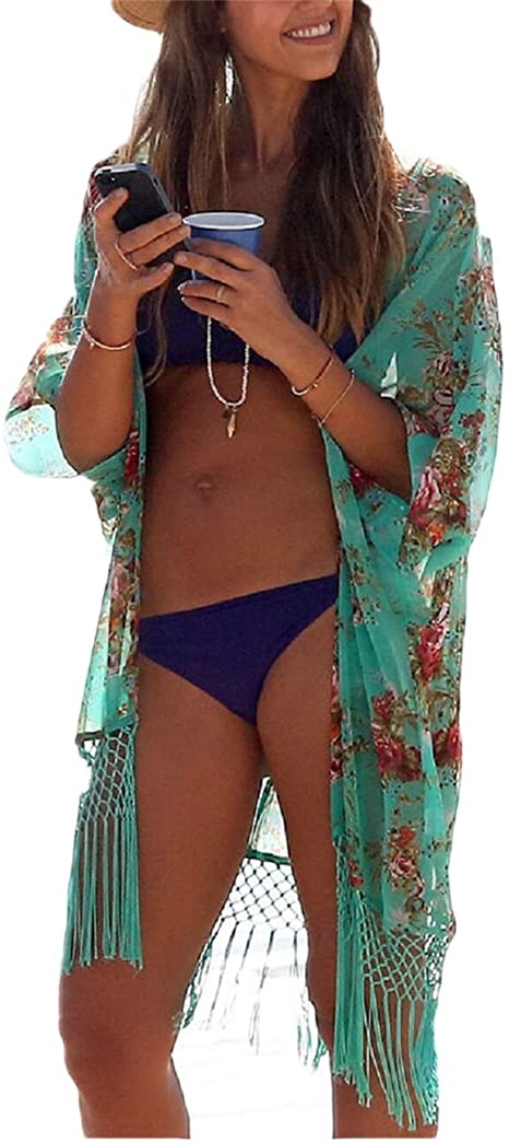 Bsubseach Women Bohemian Bikini Swimsuit Cover Up Swimwear Tassel Cardigan