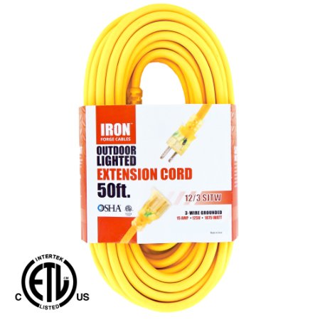 50 Ft Outdoor Extension Cord - 12/3 SJTW Heavy Duty Lighted Yellow Extension Cable with 3 Prong Grounded Plug for Safety - Great for Garden & Major Appliances