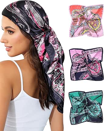 AWAYTR 35” Satin Head Scarf for Women 3Pcs Silk Scarf for Hair Scarf Satin Hair Bandana Women Headscarf Hair Wrap Scarf Neck