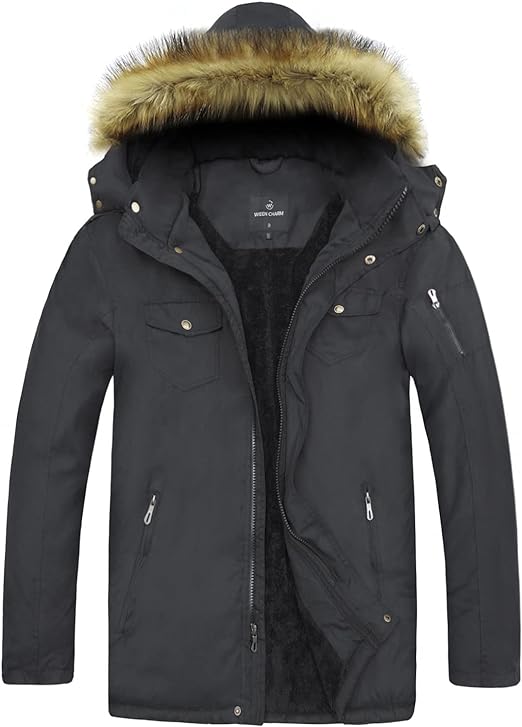 WEEN CHARM Men's Warm Parka Jacket Water Resistant Puffer Jacket Long Winter Coat with Detachable Hood Faux-Fur Trim