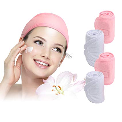 Shintop 4 Pack Spa Facial Headband, Stretchable Head Wrap Headbands with Magic Tape for Makeup, Bath and Sport (White Pink)