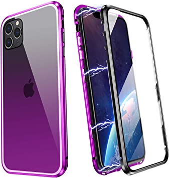 ZHIKE Magnetic Metal Frame Front and Back Tempered Glass Full Screen Coverage One-Piece Flip Gradient Color Cover Anti-Slip Design [Support Wireless Charging] (Purple-Black, iPhone 11 Pro)