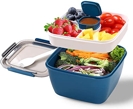 Portable Salad Lunch Container - 52 Oz Salad Bowl - 4 Compartments with Dressing Cup, Large Bento Boxes, Meal Prep to go Containers for Food Fruit Snack for Adults
