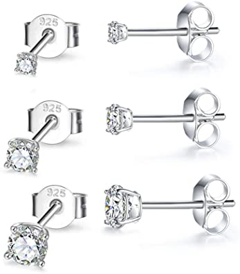 MASOP 2-8mm Sterling Silver Cubic Zirconia Stud Earrings Set Hypoallergenic Tiny Round Ball 14K White Gold Plated Round Cut CZ Simulated Diamond Cartilage Studs for Girls Women Men