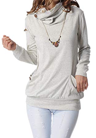levaca Womens Long Sleeve Button Cowl Neck Casual Slim Tunic Tops with Pockets