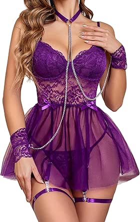 Avidlove Lingerie for Women Lace Babydoll Underwire Lingerie with Garter and Chain Slip Nightdress