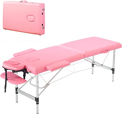 PrimeZone Pink Massage Table Portable - 2 Folding Aluminum Lash Bed with Carrying Case & Face Cradle for Eyelash Extensions, Spa, Facial, Hight Adjustable Tatto Table, 84" x 32"