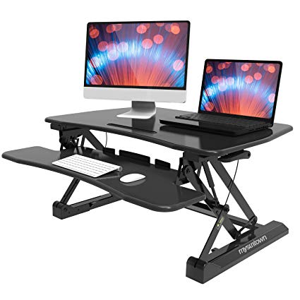 Mysuntown Height-Adjustable Standing Desk Converter - Ergonomic Sit Stand Desk Riser Stand Up Office Desk, 36" Tabletop-Computer Workstation Fits Dual Monitor