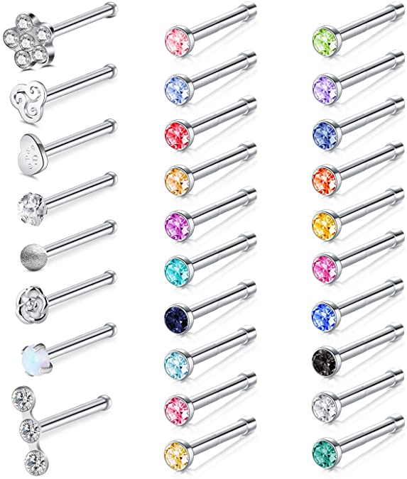 Zolure 20 Gauge Nose Stud Rings Surgical Steel Nose Pin Bone Studs Nose Piercing Jewelry Set