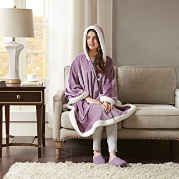 Comfort Spaces - Glimmersoft Plush Hooded Angel Throw Wrap - Wearable Blanket - 58x72 inches - Purple/Lavendar, Sherpa Trim - Gift Box