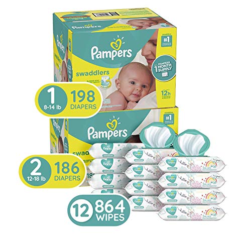 Pampers Bundle - Swaddlers Disposable Baby Diapers Sizes 1, 198 Count & 2, 186 Count (Total 2 Month Supply) with Pampers Sensitive Water-Based Baby Wipes, 12 Packs of 72, 864 Count