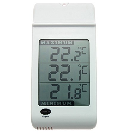 Large Digital Max Min Thermometer in White - Indoor Outdoor Garden Greenhouse Wall