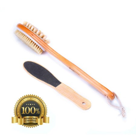 Minalo Dual Head Bath Body Dry Brush Long Handle Back Scrubber and Foot File Callus Brush - Natural Boar Bristles BrushHelps With Cellulite Exfoliating Body Scrub CirculationSmoother Skin