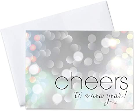 New Year Greeting Cards - N1501. Greeting Cards with Cheers to the New Year on a Bubbly Background. Box set Has 25 Greeting Cards and 26 White with Silver Foil Lined Envelopes.