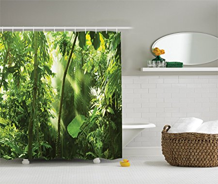 Ambesonne Farm House Decor Collection, Summer Sunbeams Come into Tropical Monsoon Jungle with Bamboos Types of Plants with Leaves View, Polyester Fabric Bathroom Shower Curtain, Green