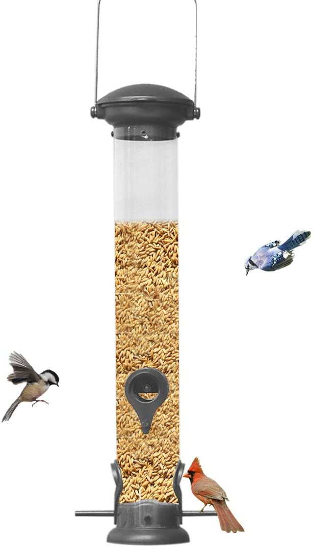 Nature's Rhythm Classic Sunflower or Mixed Seed Bird Feeder Cast Aluminum Tube Feeder, Heavy Duty, flip top and Easy Clean Base（Pewter）