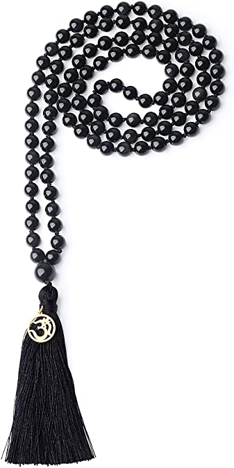 coai OM Charm Hand Knotted Tassel 108 Mala Beads Necklace