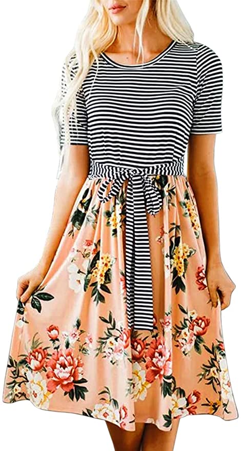 MEROKEETY Women's Summer Striped Ruffle Sleeves Tie Waist Pockets Casual Swing Midi Dress