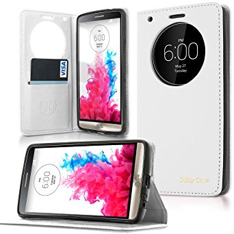 LG G3 Case, Quick Circle Case , ALL IN ONE!, Works With Magnetic Car Mount, Flip Cover, Magnetic Wallet , Smart view, Hands-free Display Stand by Juicy Case® (White)