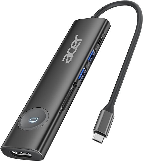 Acer USB C Hub, 7 in 1 USB C to HDMI Adapter, 4K@60Hz HDMI, 2 USB 3.1 and Type-C Data Port, 100W PD, SD Card Reader, Screen On/Off Button for MacBook Pro/air, iPad Pro/air, Switch and More (Black)