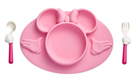 The First Years Disney Minnie Mouse Silicone Placemat with Stainless Steel Fork & Spoon 3 Piece Set, Pink