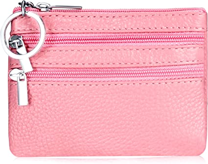 Fueerton Women's Genuine Leather Coin Purse Mini Pouch Change Wallet with Key Ring (Pink)