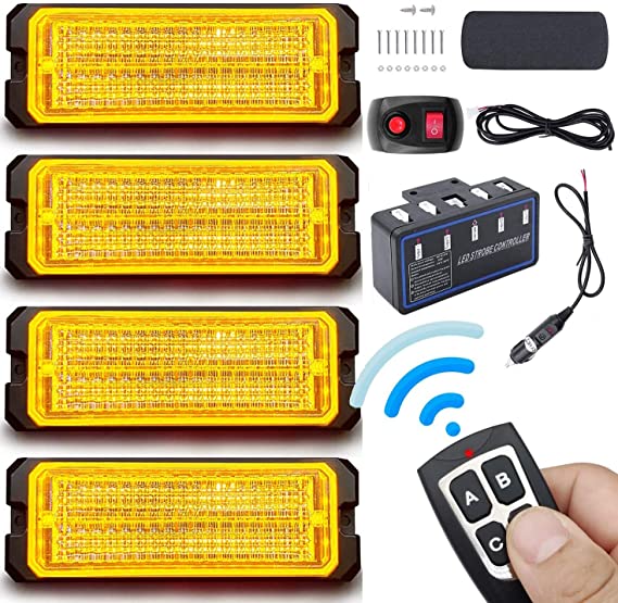 Led Warning strobe Lights for Trucks, 4pcs Emergency Warning Caution Hazard Construction Ultra Slim Sync Feature Car Truck with Main Control Box Surface Mount (with remote switch, White Amber)