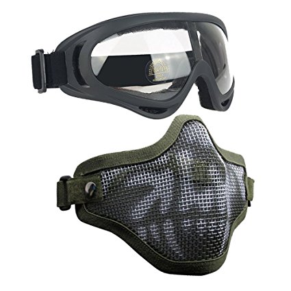 Airsoft Masks - Adjustable Half Metal Steel Mesh Face Mask And UV400 Goggles Set For Hunting, Paintball, Shooting