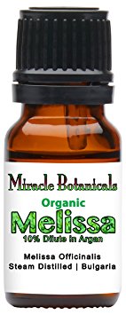 Miracle Botanicals Organic Melissa Officinalis Essential Oil 10% Dilute in Golden Argan - 10ml or 30ml Sizes - Therapeutic Grade - 10ml