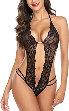 Avidlove Womens One Piece Lingerie Halter Lace Teddy Bodysuit V Neck Babydoll Chemise XS-XXL