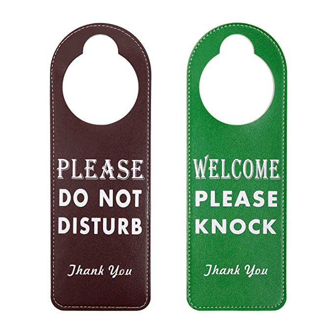 Kichwit Do Not Disturb Sign, 2 Pack Door Knob Hanger Sign, Welcome Please Knock Sign (Brown   Green)