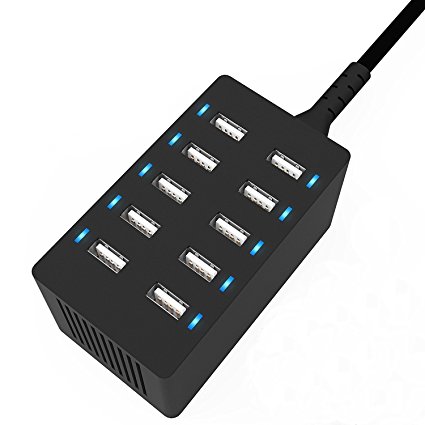 USB charger,G1-Tech USB Rapid Charger 60 Watt (12 Amp) 10-Port Family-Sized Desktop USB Charger Station Black