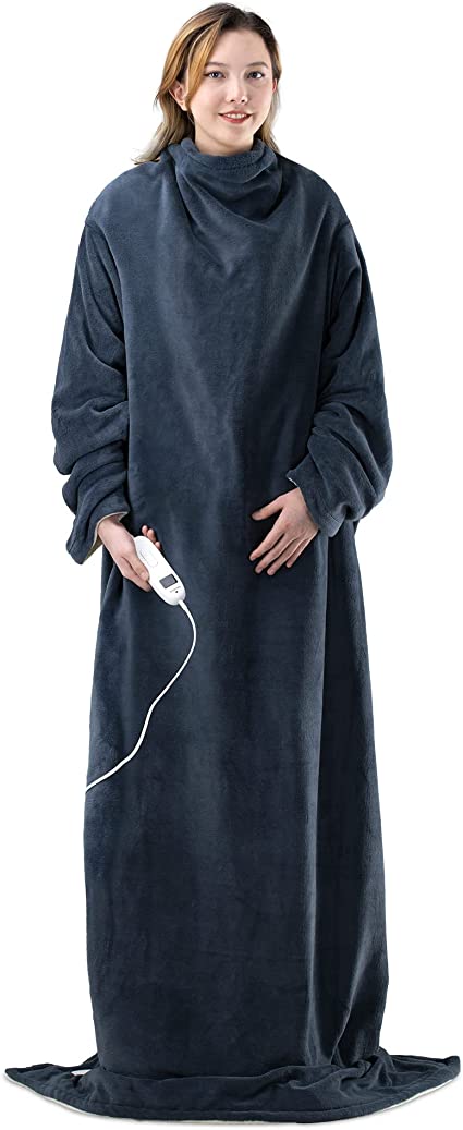 Navaris Electric Blanket with Sleeves - Adult Heated Wearable Soft Plush Fleece Throw with Adjustable Heat and Auto Shut Off Timer - Dark Blue/Cream