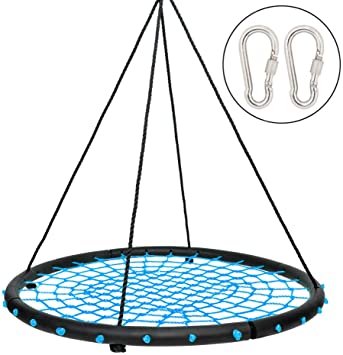 JOYMOR 40 Inch Over 600 lbs Net Spider Web Round Rope Swing with Adjustable 6ft Hanging Ropes, 2 Carabiners Great for Swing Set, Backyard, Playground, Playroom (Blue)