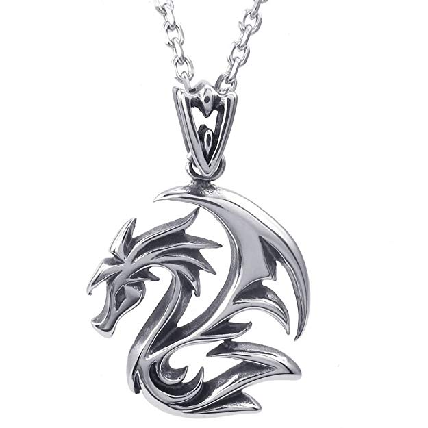 KONOV Mens Gothic Dragon Stainless Steel Pendant Necklace, Black Silver, 24 inch Chain