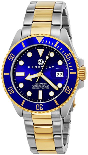 Henry Jay Mens 23K Gold Plated Two Tone Stainless Steel "Specialty Aquamaster" Professional Dive Watch
