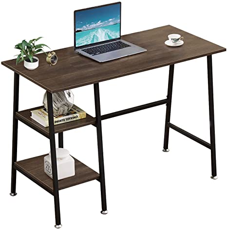 VECELO Writing Computer Study Desk with 2 Tier Storage Shelves on Left or Right,Industrial Simple Style Wood Table Metal Frame for Home Office,Brown, 43 in x 20 in x 30