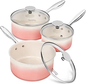 MICHELANGELO Sauce Pan with Lid, Ceramic Saucepan Set, 1Qt & 2Qt & 3Qt Sauce Pan Sets, Nonstick Saucepans with Stainless Steel Handle, Oven Safe, Pink