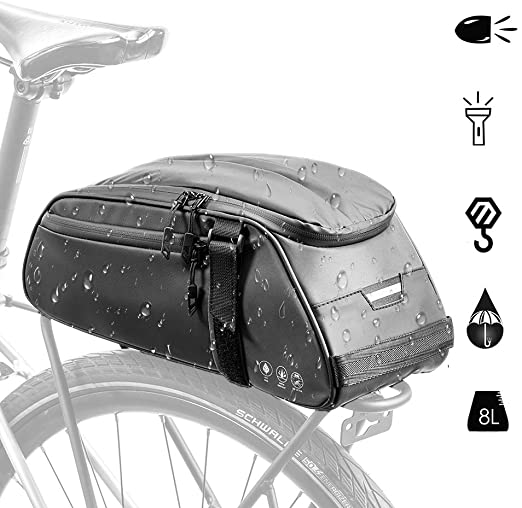 AUTOWT Bike Reflective Rack Bag, Water Resistant Bicycle Rear Seat Pannier Cargo Trunk Storage Cycling Carrier Chest Bag with 8L Capacity Multi Pocket Taillight Loop for Commuter Outdoor Traveling