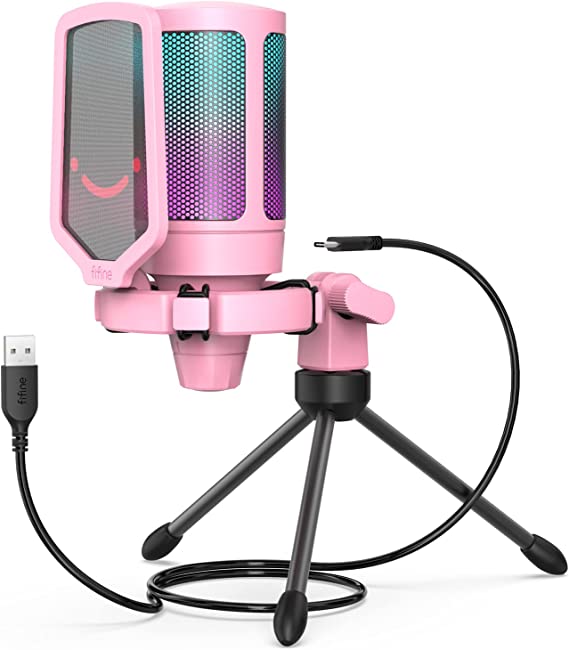 Gaming Microphone, FIFINE USB PC Streaming RGB Condenser Microphone for Video, Voice Recording, Podcasts, Youtube, Tiktok on Desktop/Laptop/PS4/PS5, with Tap-to-Mute, External Pop Filter-A6V Pink