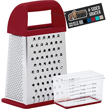 Gorilla Grip Box Grater, Stainless Steel, 4-Sided Graters with Handle for Cheese, Vegetables, Ginger, Handheld Food Shredder, Zester, Detachable Storage Container with Lid for Kitchen, 10inch, Red