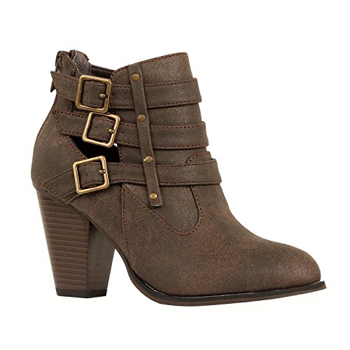 West Blvd Womens Strappy Chunky Block Heel Ankle Buckle Bootie Boots