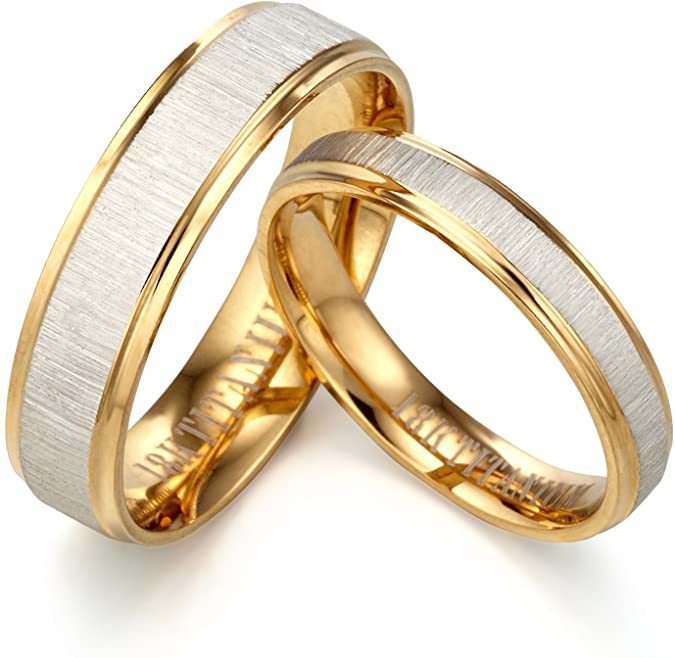 Gemini Free Engrave His and Her Groom & Bride 18K Yellow Gold P Matching Anniversary Wedding Couple Ring, Valentine's Day Gift US size 4-16 (half sizes available)